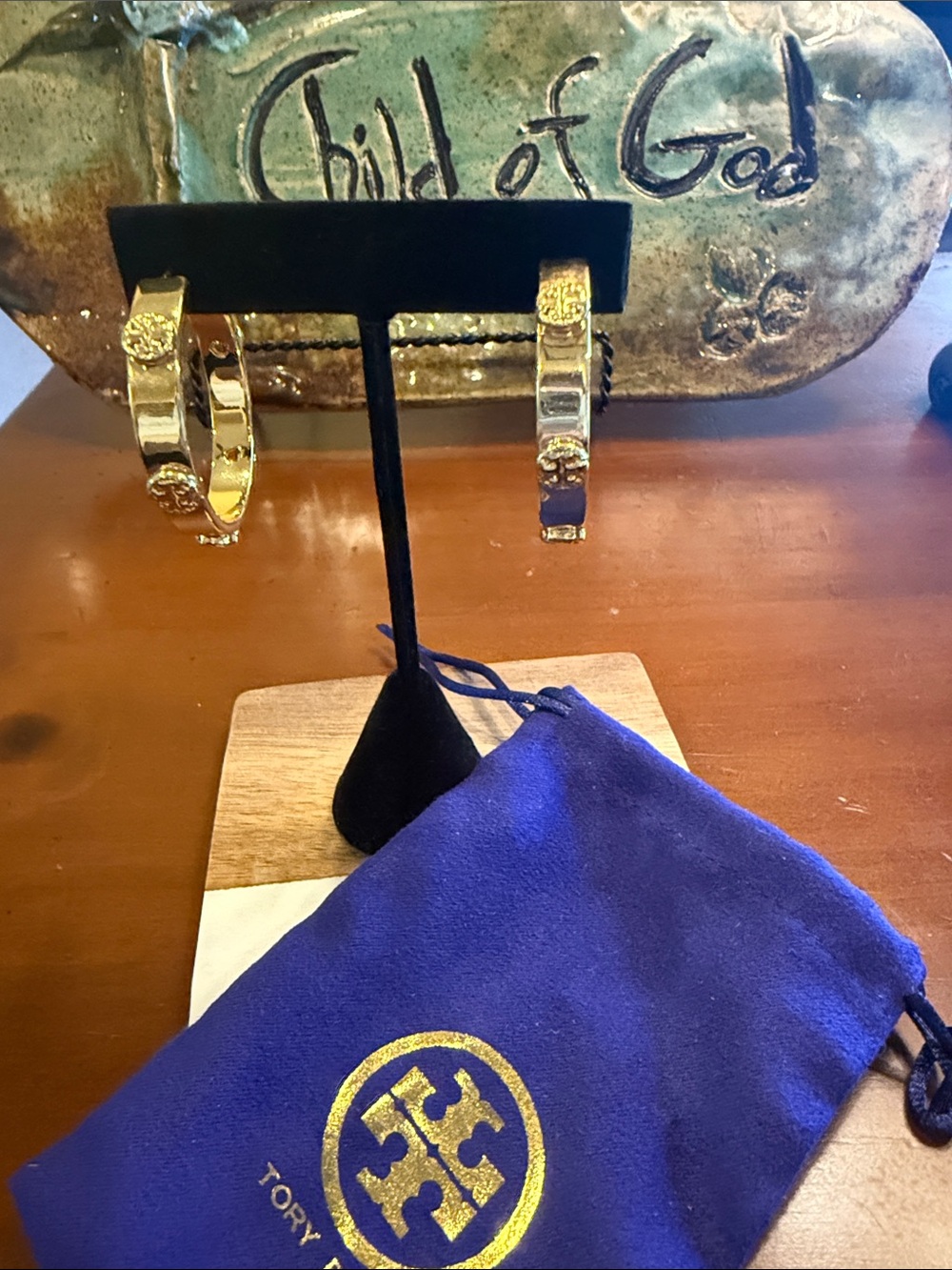 Tory Burch Gold Logo Hoop Earrings with Royal Blue Pouch
